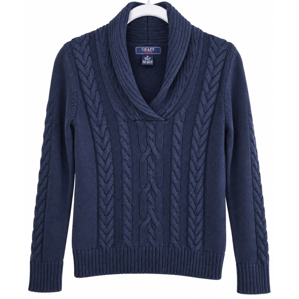 CHAPS Denim Navy Cable Knit Shawl Collar Sweater M Fisherman Coastal Preppy